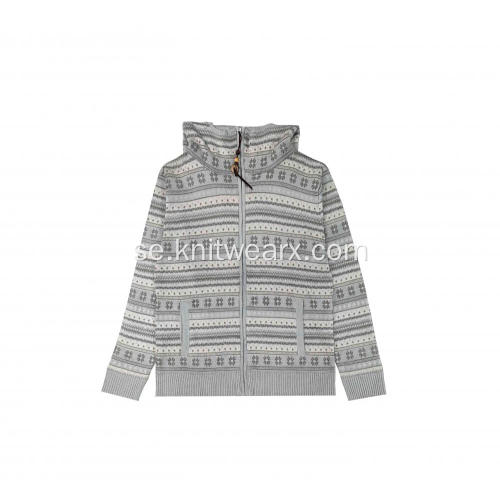 Stickad tröja för män Snow Jacquard Hoodie med full dragkedja